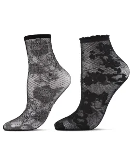 2 Pair Natori Women's Sheer Mesh Floral Lace Shortie Socks