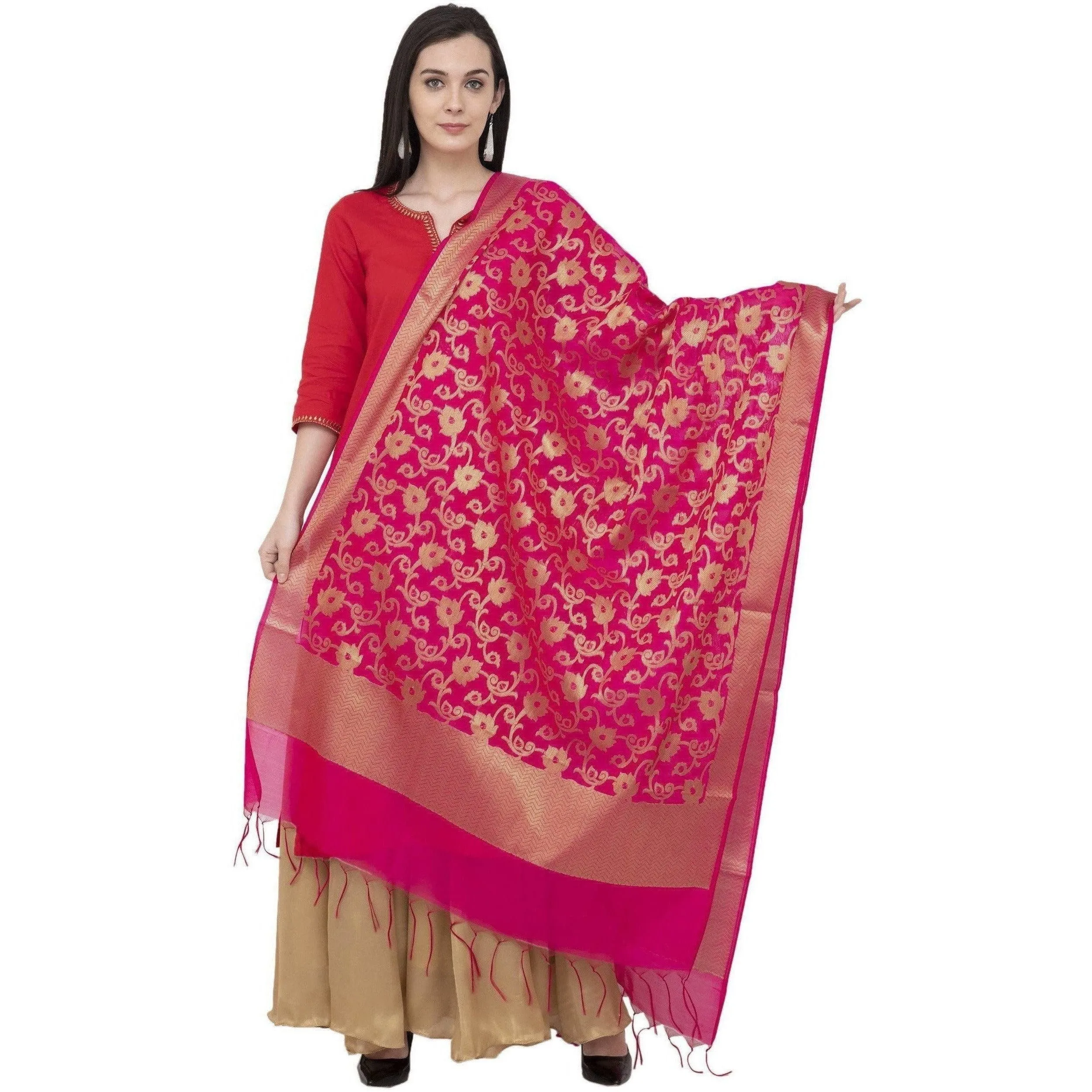 A R Silk VNS Jaal Fancy Dupatta Color Rani Dupatta or Chunni