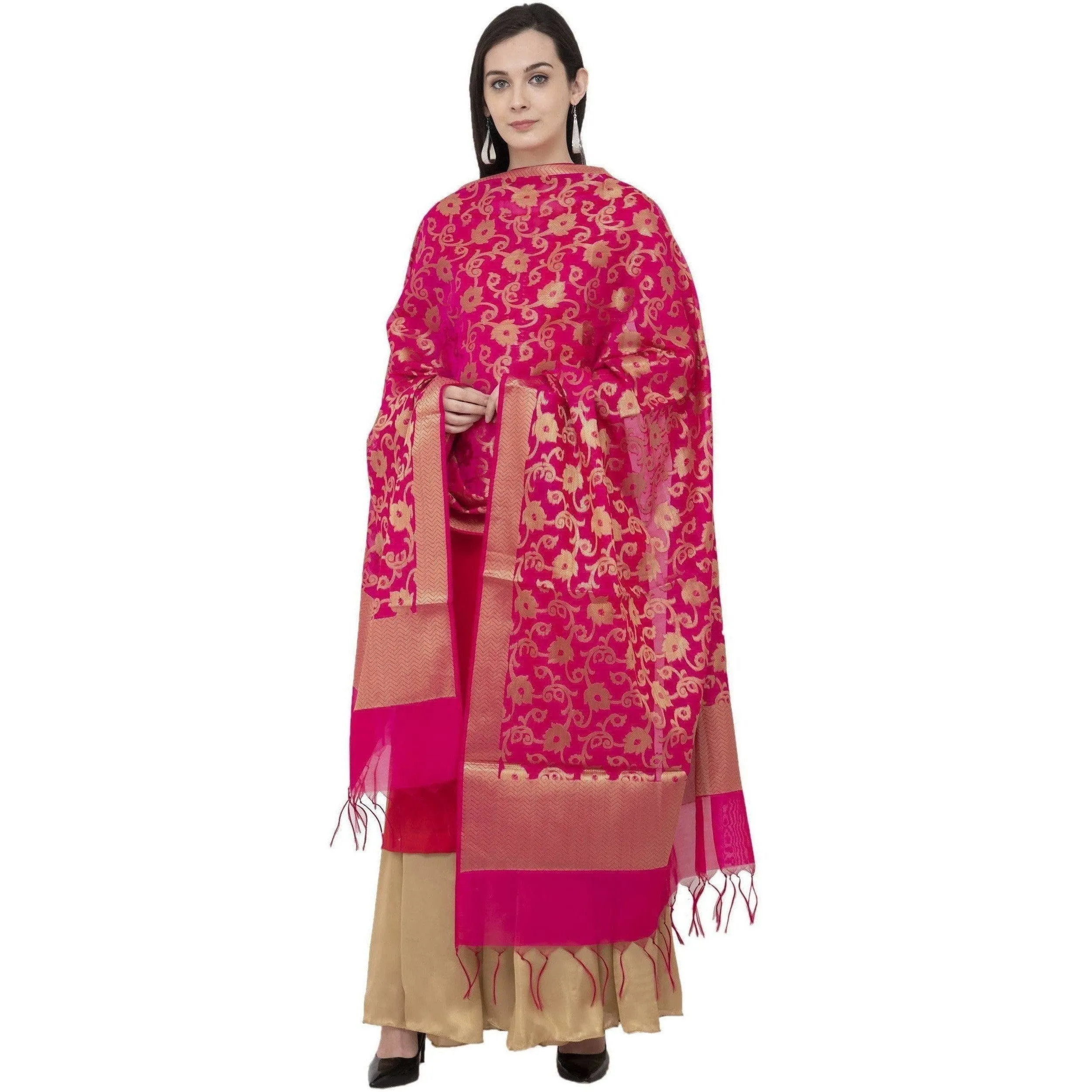 A R Silk VNS Jaal Fancy Dupatta Color Rani Dupatta or Chunni