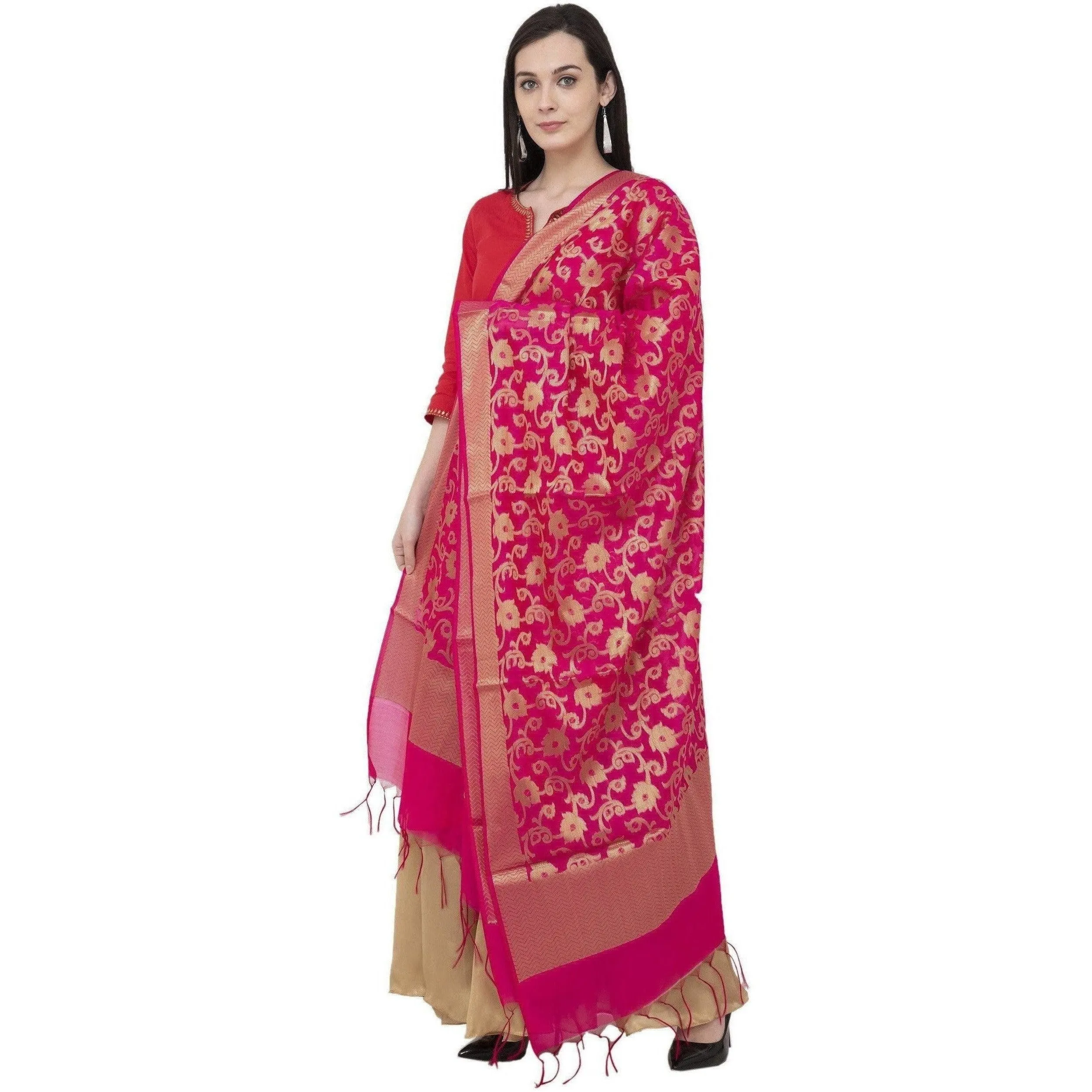 A R Silk VNS Jaal Fancy Dupatta Color Rani Dupatta or Chunni