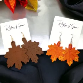 Autumn Maple Leaf Earrings - Fall, Handmade Jewelry, Gold Leaf, Halloween, Orange, Faux Pearls, Handmade Earrings, Leaf Accessories