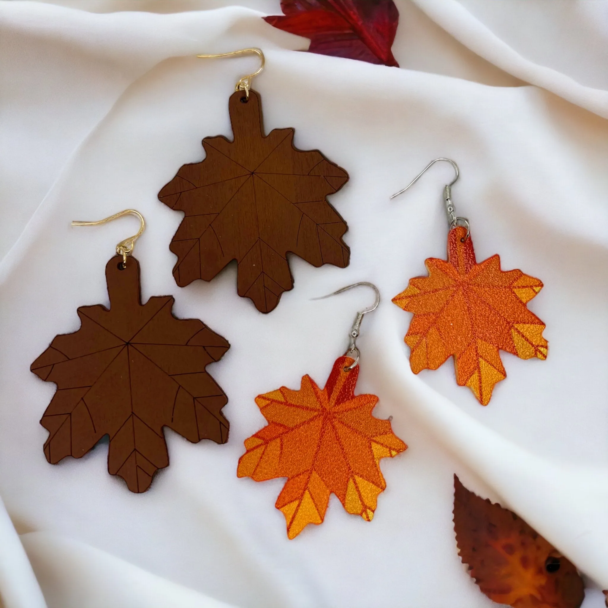 Autumn Maple Leaf Earrings - Fall, Handmade Jewelry, Gold Leaf, Halloween, Orange, Faux Pearls, Handmade Earrings, Leaf Accessories