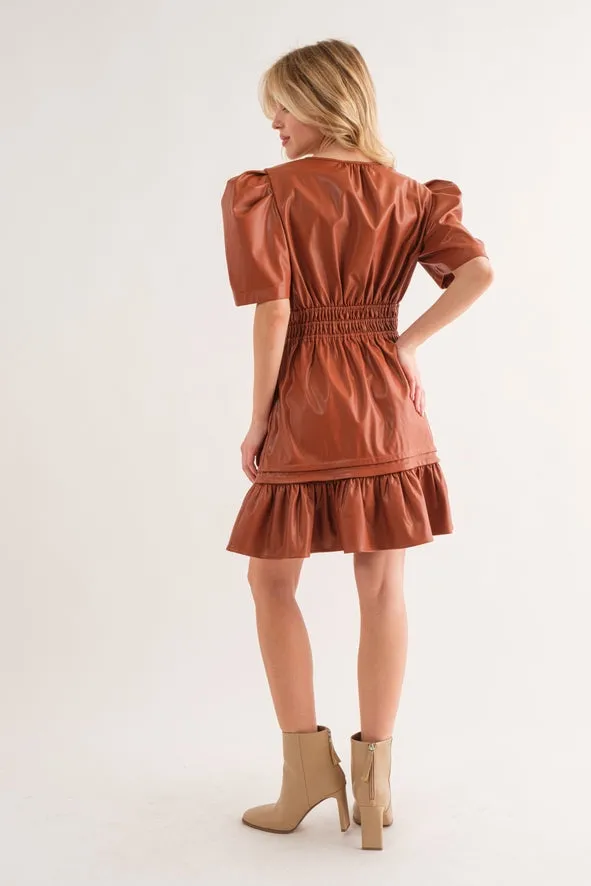 CAMEL BROWN FAUX LEATHER PUFF SHORT SLEEVE SMOCKING DRESS