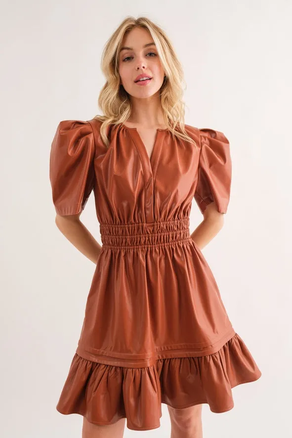 CAMEL BROWN FAUX LEATHER PUFF SHORT SLEEVE SMOCKING DRESS