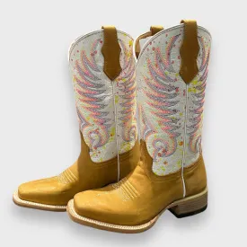 Corral Teens/Ladies J7125 Handcrafted Tan/White Embroidery Square Toe Cowgirl Boots