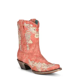 Corral Women's 8.5" Washed Coral Floral Embroidery Studs and Crystals Snip Toe Ankle Bootie