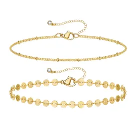 Dainty 14k Gold Plated Layering Anklets Bracelets Set-Sequin & Satellite