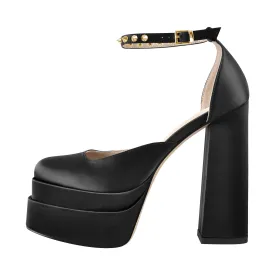 Double Platform Rivets Ankle Strap Chunky Heel D'Orsay Pumps