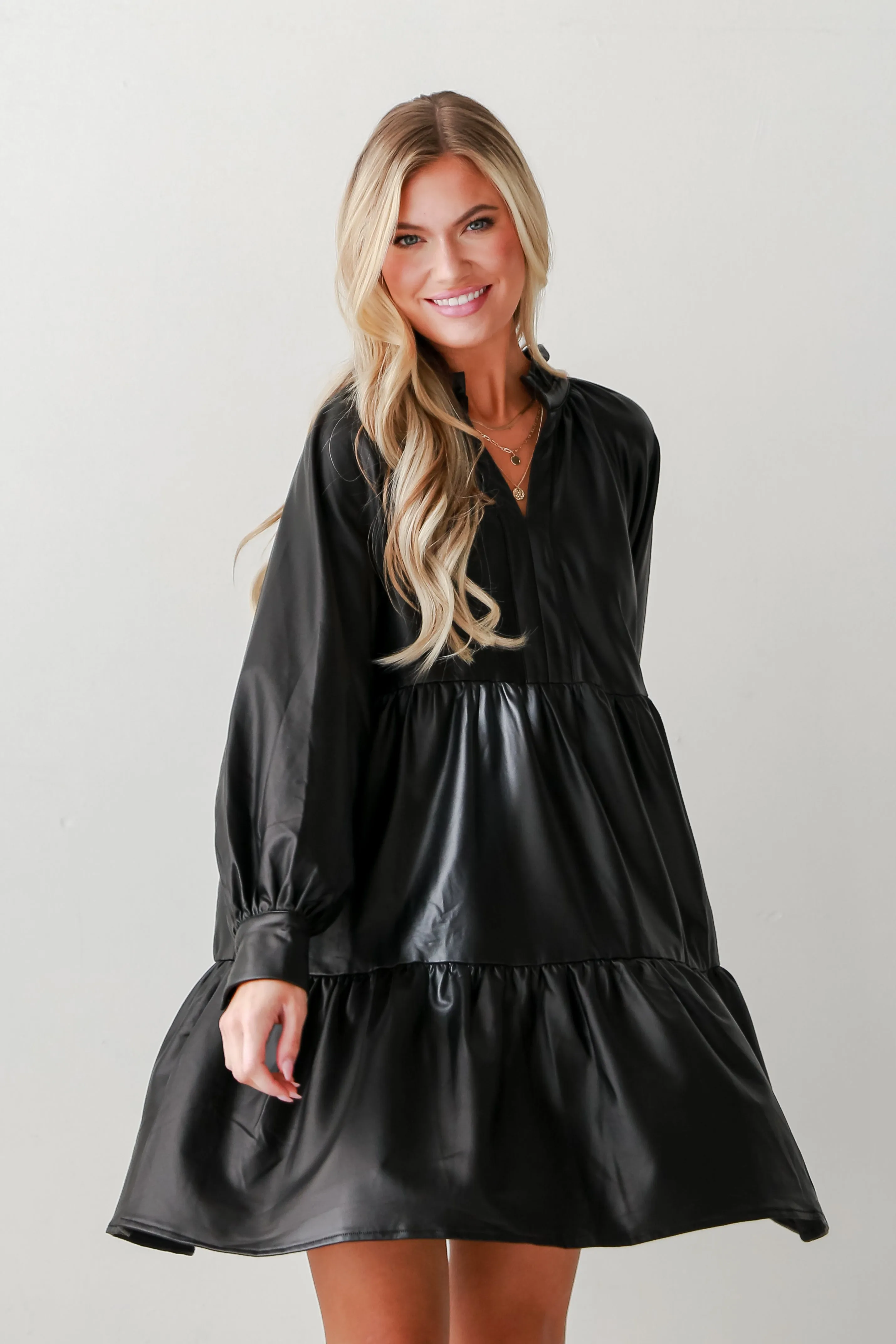 FINAL SALE - Alluring Reputation Black Tiered Leather Mini Dress