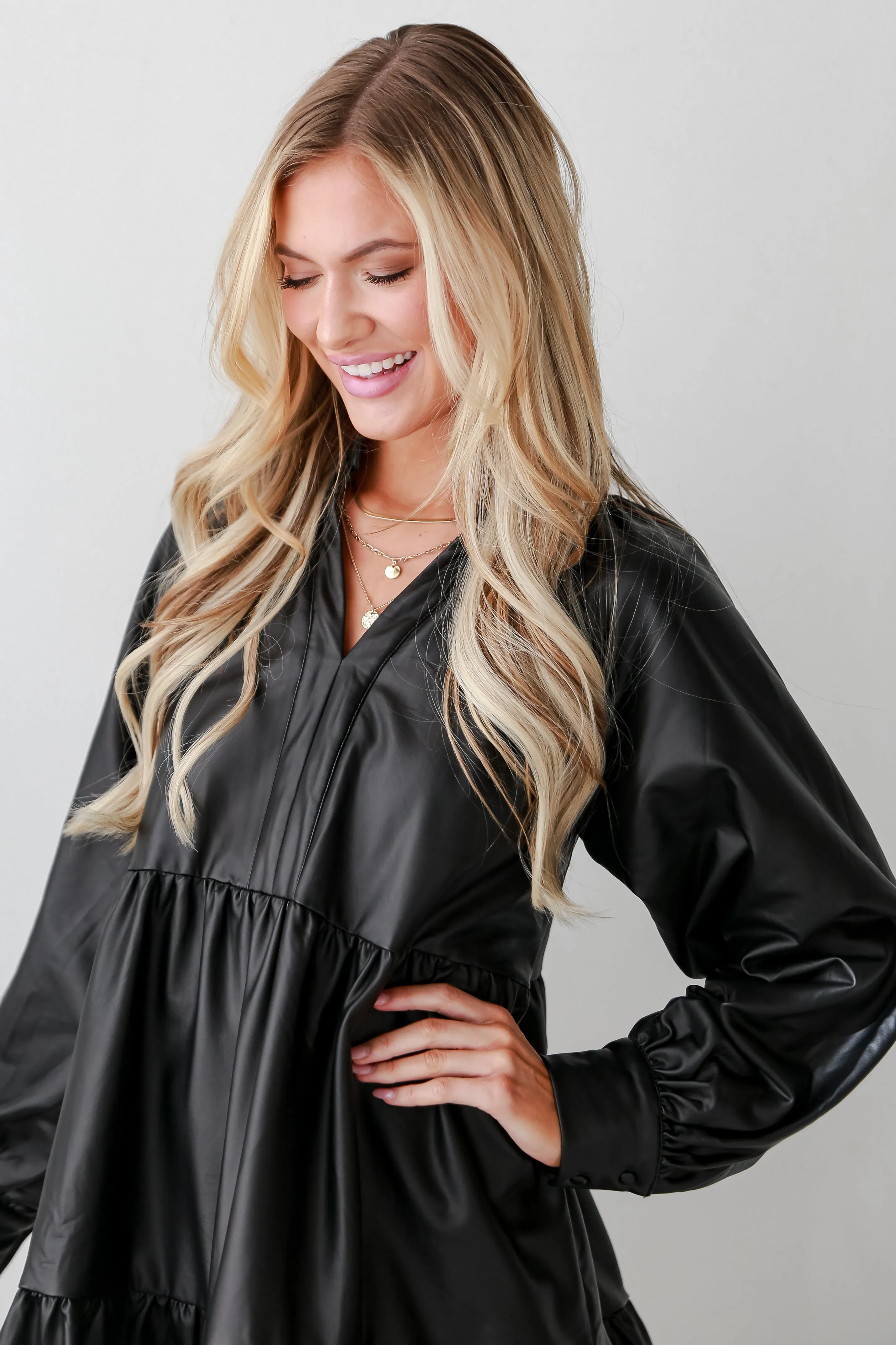 FINAL SALE - Alluring Reputation Black Tiered Leather Mini Dress