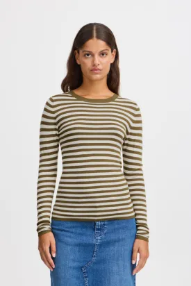 Ichi Diane Long Sleeved Top-Lizard/Almond Milk Stripe-20121496