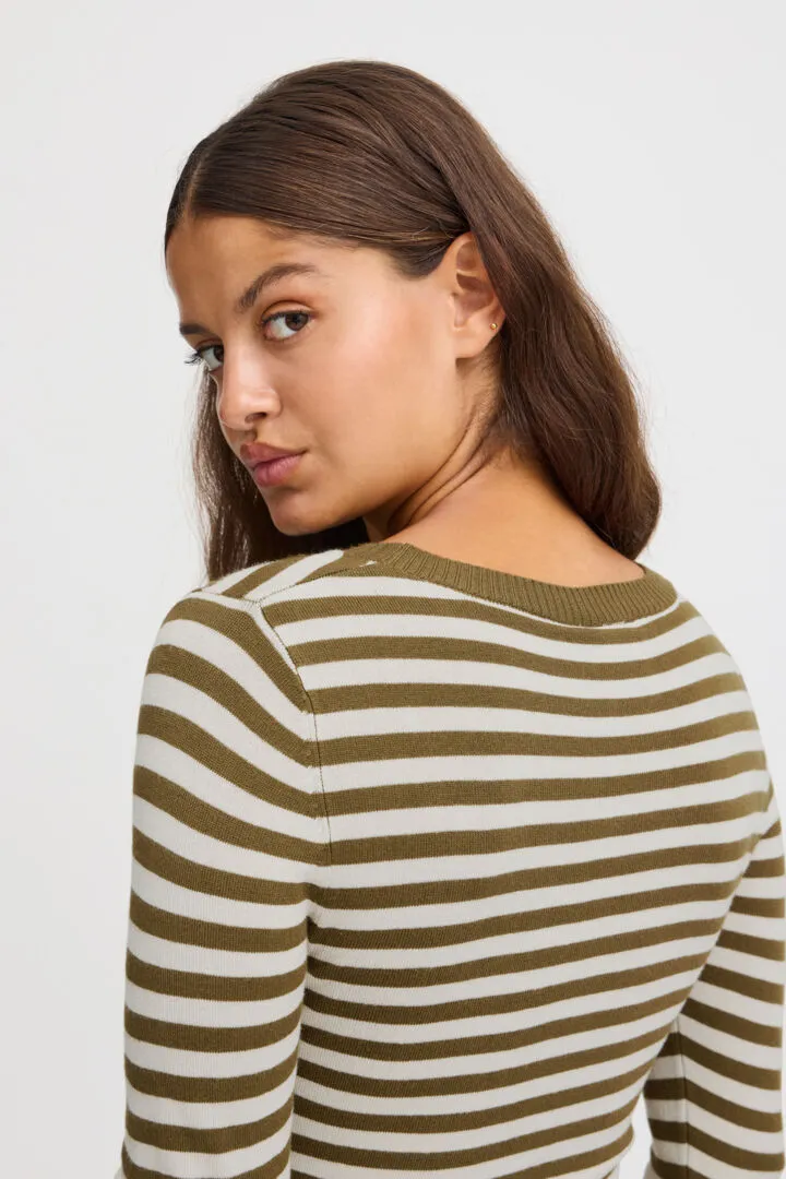 Ichi Diane Long Sleeved Top-Lizard/Almond Milk Stripe-20121496