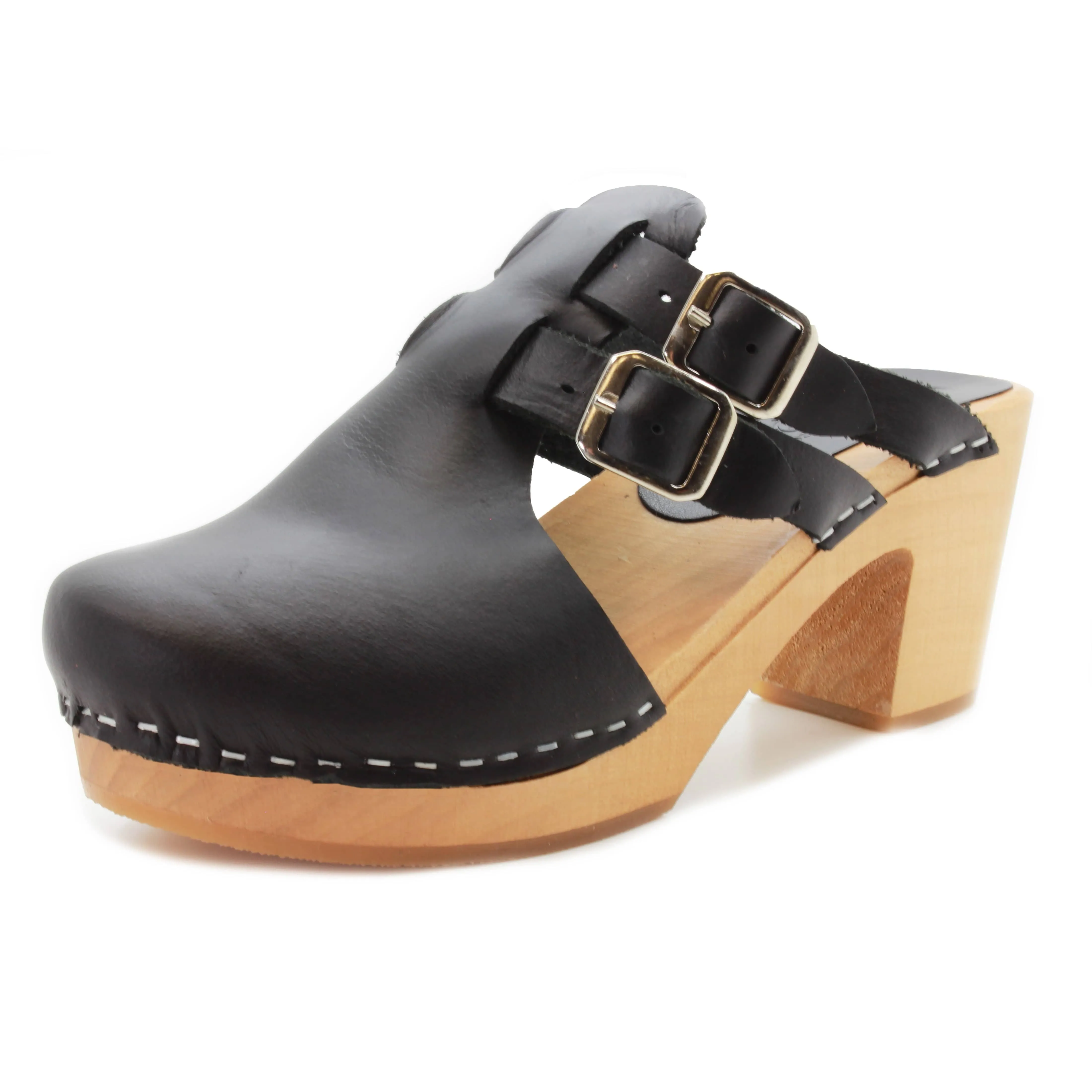 KLÄGN Brigetta Mid-heel Fashion Leather Wooden Clogs - CLOSEOUT