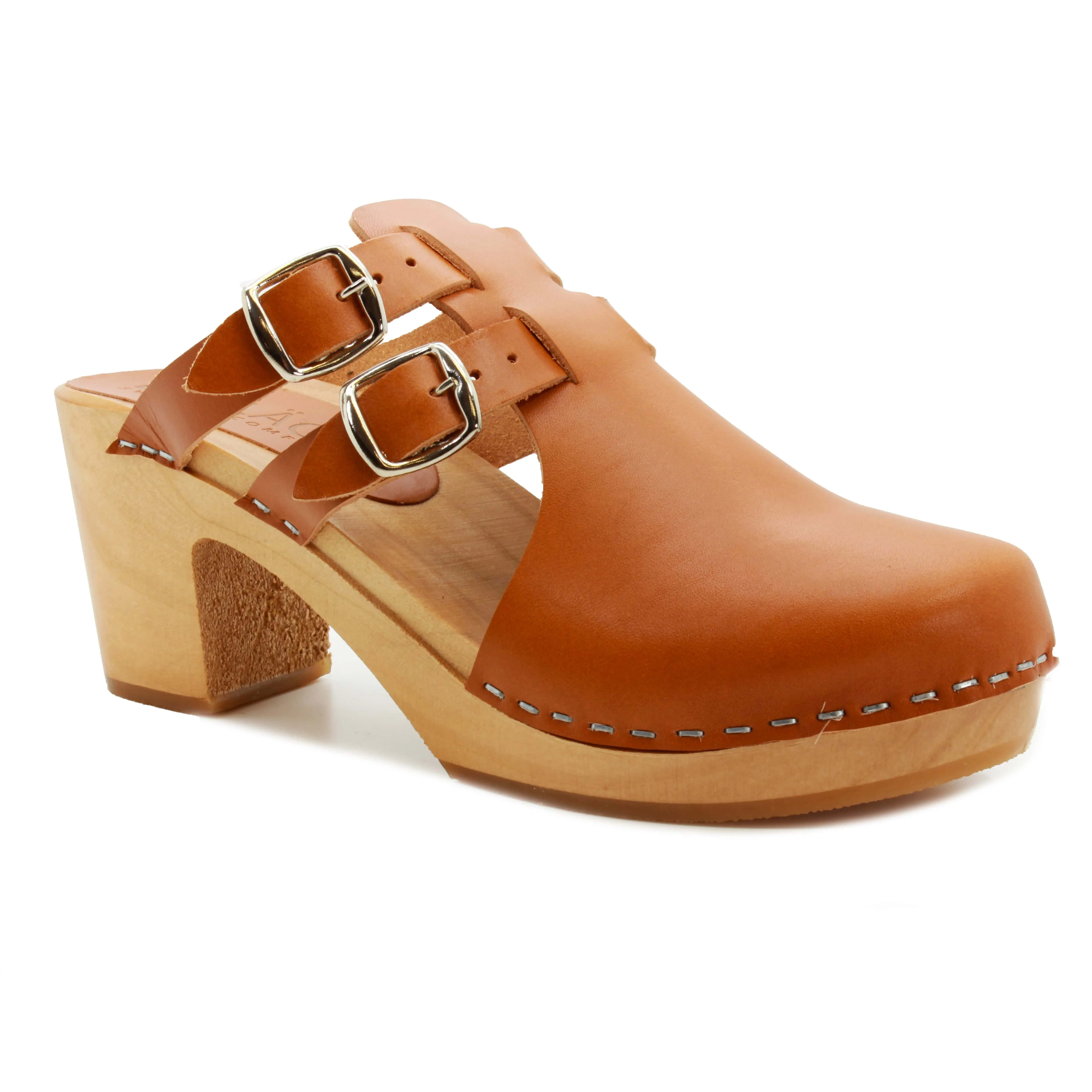 KLÄGN Brigetta Mid-heel Fashion Leather Wooden Clogs - CLOSEOUT