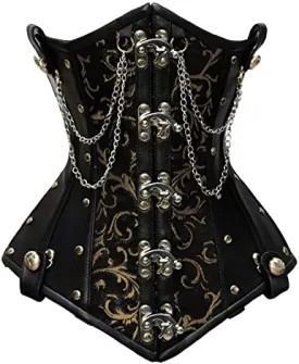 Mariasela Gold Brocade & Faux Leather Underbust Corset With Chain Details