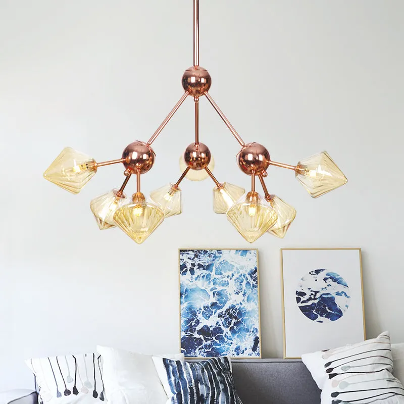 Modern Amber Glass Diamond Chandelier - 9 Bulbs - Rose Gold Pendant Light Fixture