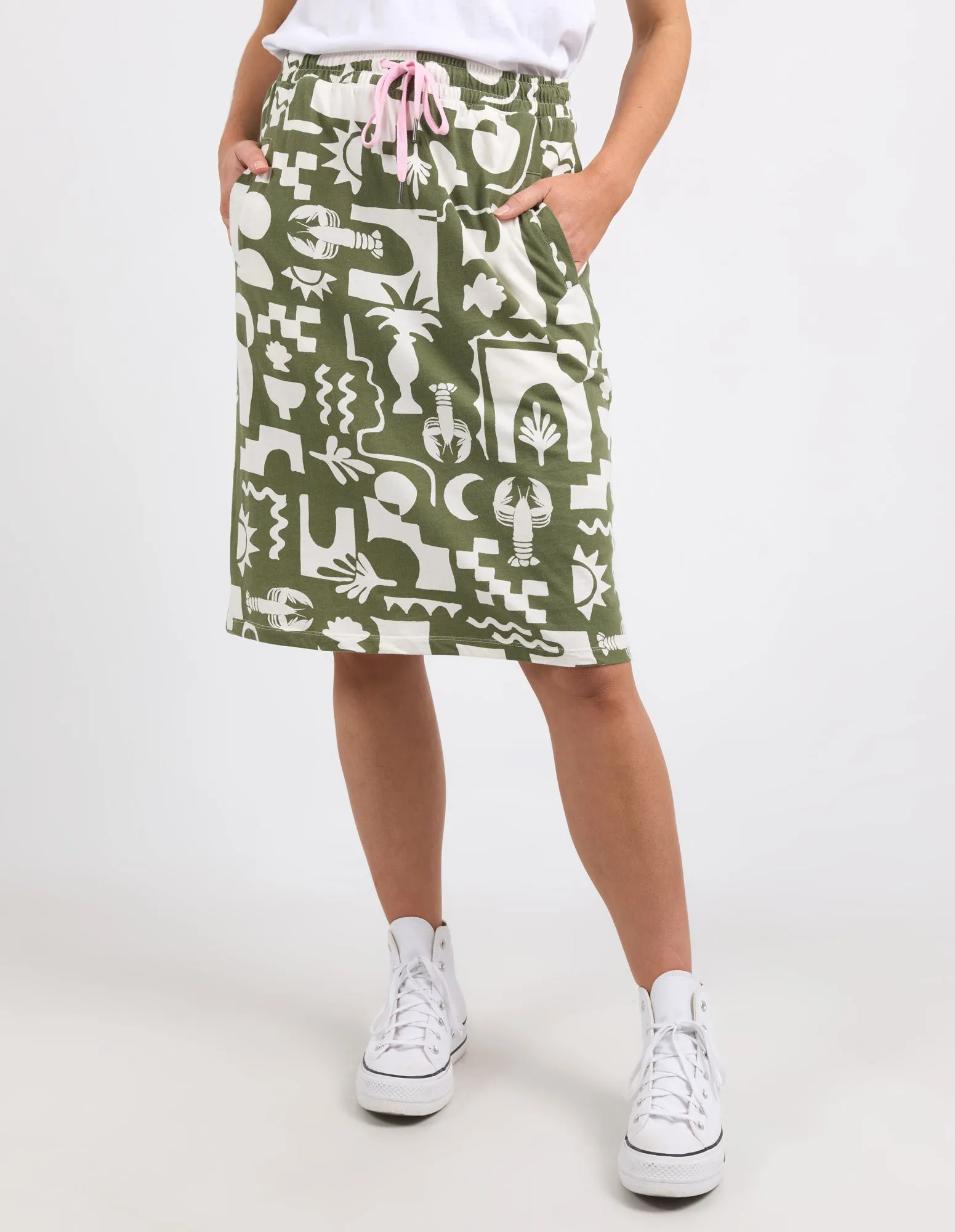 Postcard Skirt Khaki And Cream Print