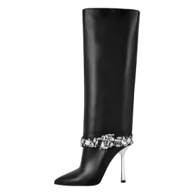 Rhinestone Strap High Metal Stiletto Thigh Boots