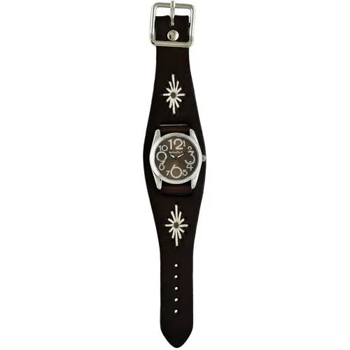 Showgirl Ladies Brown Watch with Diamond Stitched Dark Brown Leather Cuff