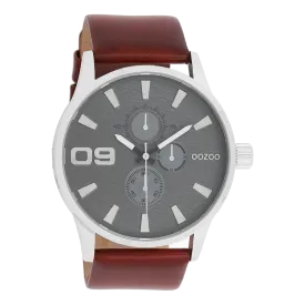 Silver coloured OOZOO watch with dark brown leather strap - C10348