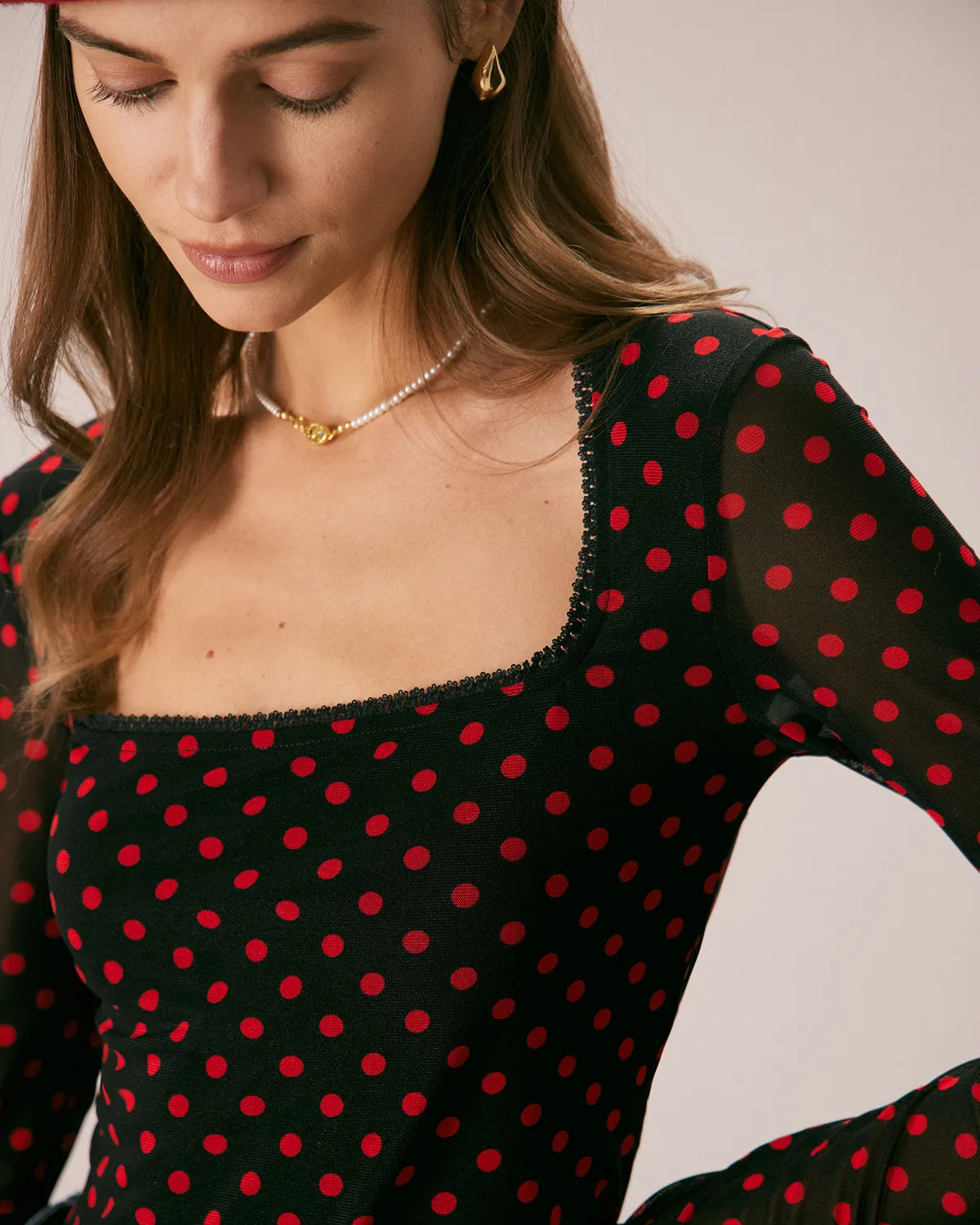 The Black Square Neck Polka Dot Printed Tee