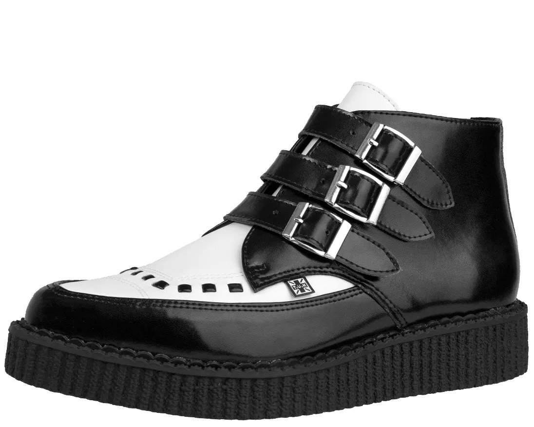 T.U.K Black White Leather 3 Buckle Creeper Boot