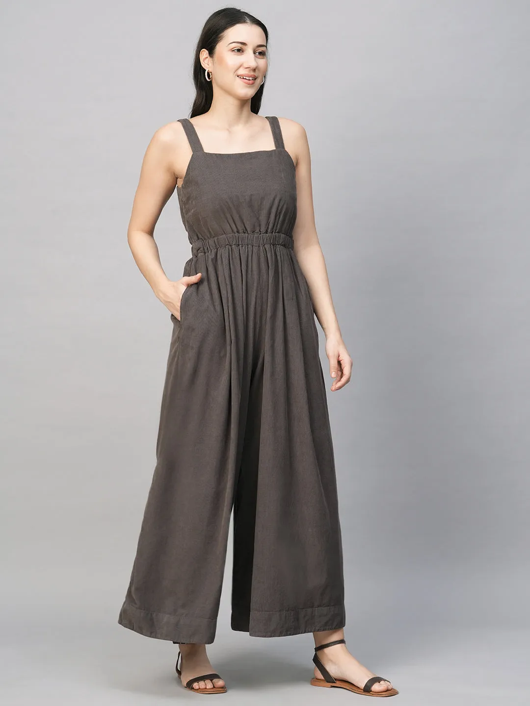 Women's Brown Cotton Regular Fit Jumpsuit